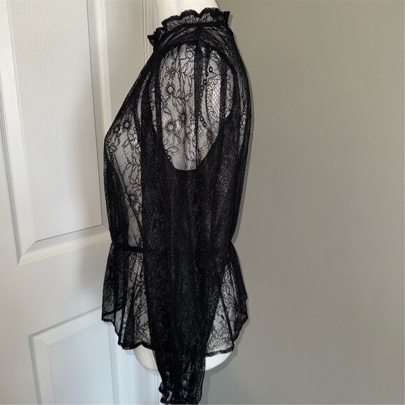Banana Republic Blouse Womens M Petite Black Sheer Floral Lace High Neck Goth - Picture 3 of 12